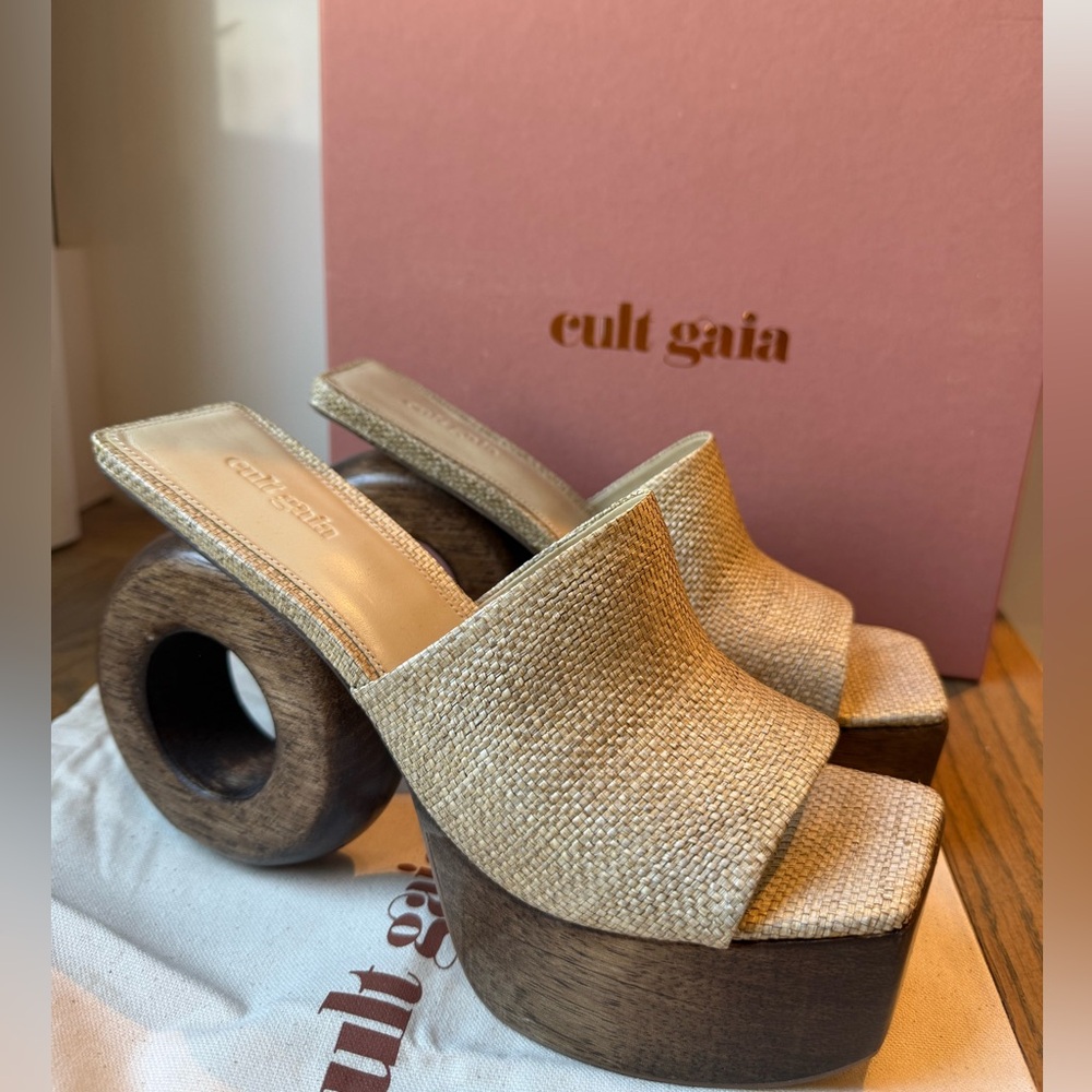 cult gaia Natural Gold Raffia Wood Sculpted Heel Mules